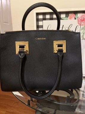 Calvin Klein Black Leather Satchel with Gold Accents
